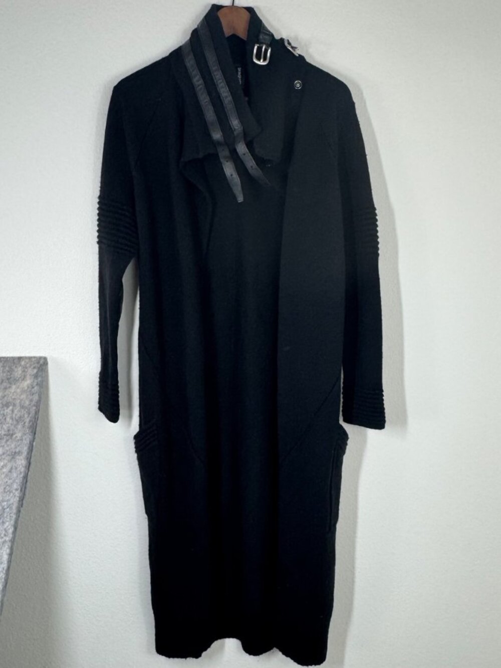Skingraft Jonny Coto Sweater Black Wool Sz M Longline Cardigan Leather Buckle - Picture 11 of 13